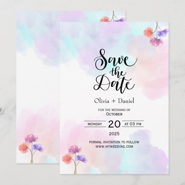 Tarjetas de Invitación de Boda Delicadas Rosa y Az (Anverso / Reverso)