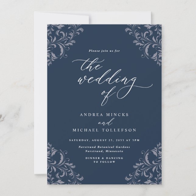 Tarjetas de Invitación de Boda Elegantes de Azul M (Anverso)