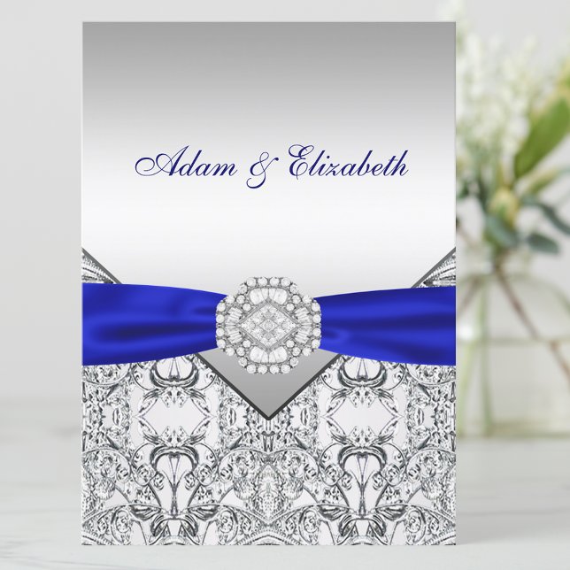 Tarjetas de Invitación de Boda Elegantes de Plata  (Beautiful royal blue and silver invitation. Simply add your event details to the front and back.)