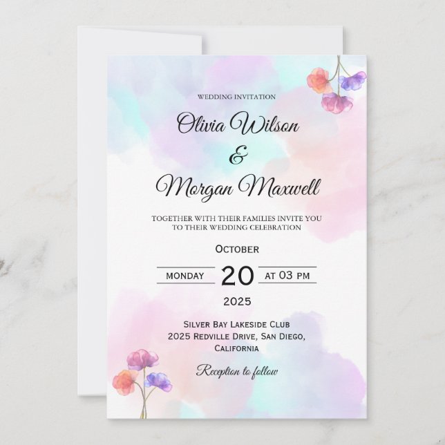 Tarjetas de Invitación de Boda Elegantes Rosa y Az (Anverso)