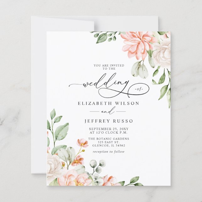Tarjetas de Invitación de Boda Floral Blanco con T (Anverso)