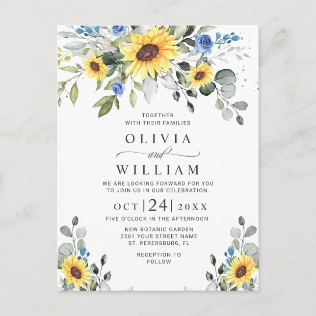 Tarjetas de Invitación de Boda Floral de Girasoles (Anverso)