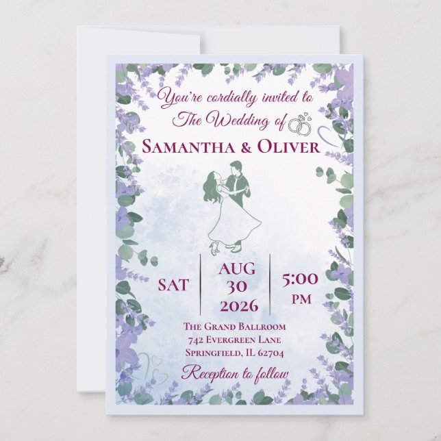 Tarjetas de Invitación de Boda Floral Lavanda Eleg (Anverso)
