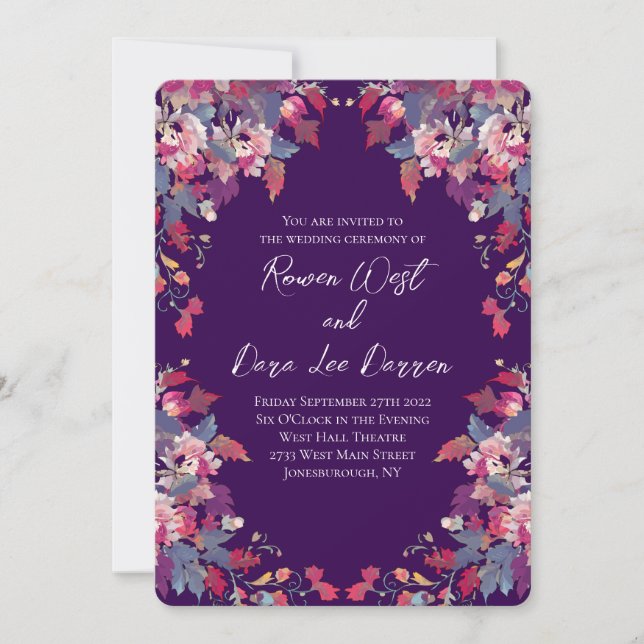 Tarjetas de Invitación de Boda Floral Púrpura Auda (Anverso)