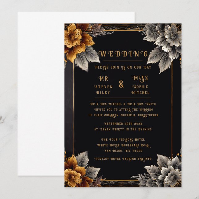 Tarjetas de Invitación de Boda Florales de Oro y P (Anverso / Reverso)
