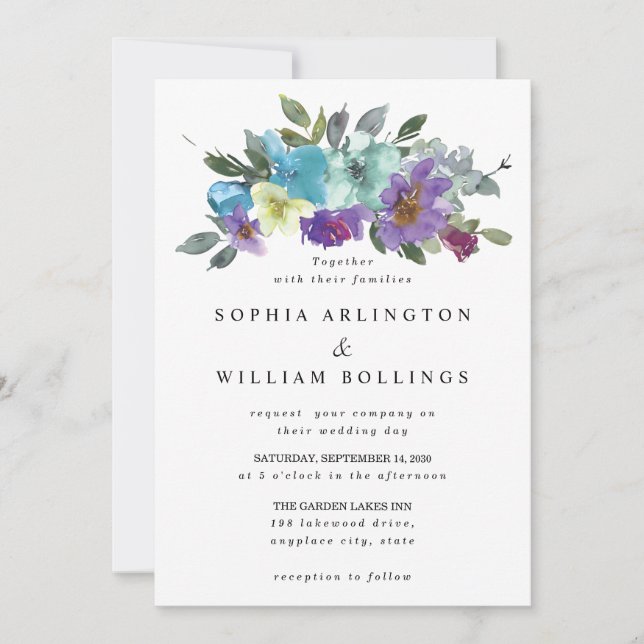 Tarjetas de Invitación de Boda Florales Moradas y  (Anverso)
