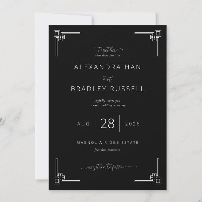 Tarjetas de Invitación de Boda Geométricas Negras  (Anverso)