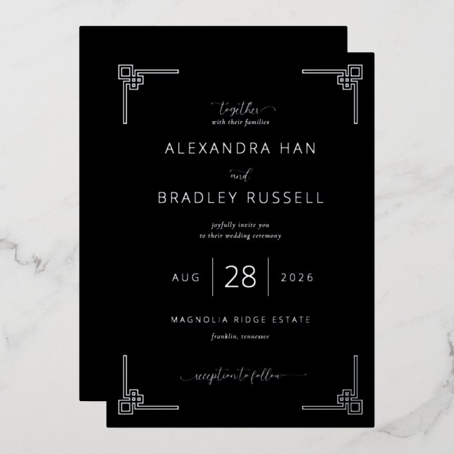 Tarjetas de Invitación de Boda Geométricas Negras  (Anverso/Reverso)