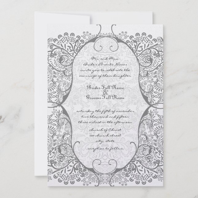 Tarjetas de Invitación de Boda Gris Patrón Pájaro  (Anverso)
