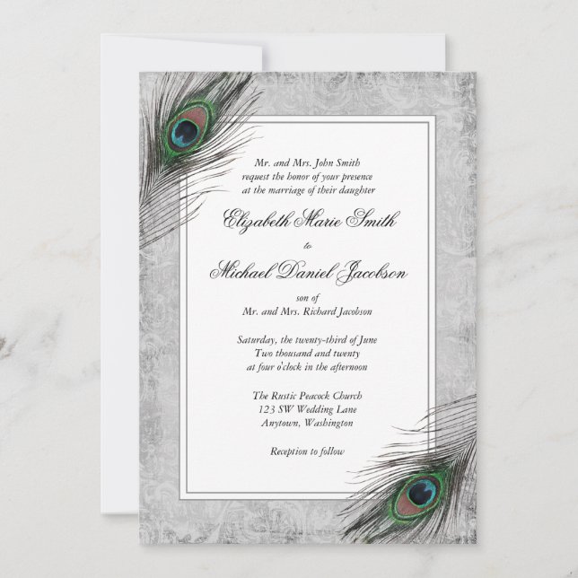 Tarjetas de Invitación de Boda Grises con Plumas d (Anverso)