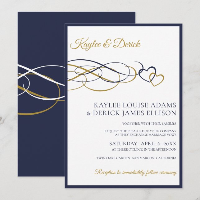 Tarjetas de Invitación de Boda Hearts | Azul Marin (Anverso / Reverso)