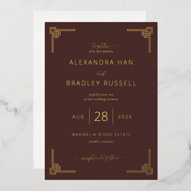 Tarjetas de Invitación de Boda Marrones Geométrica (Anverso/Reverso)