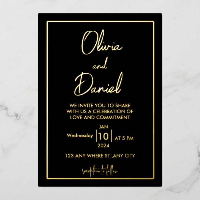 Tarjetas de invitación de boda negras y doradas (Anverso)