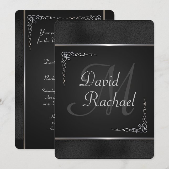 Tarjetas de Invitación de Boda Negras y Plateadas  (Anverso / Reverso)