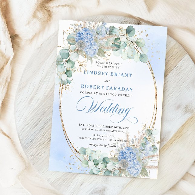Tarjetas de Invitación de Boda Ovaladas de Trigo F (Luxury Blue Floral Wheat Gold Oval Wedding Invitation)