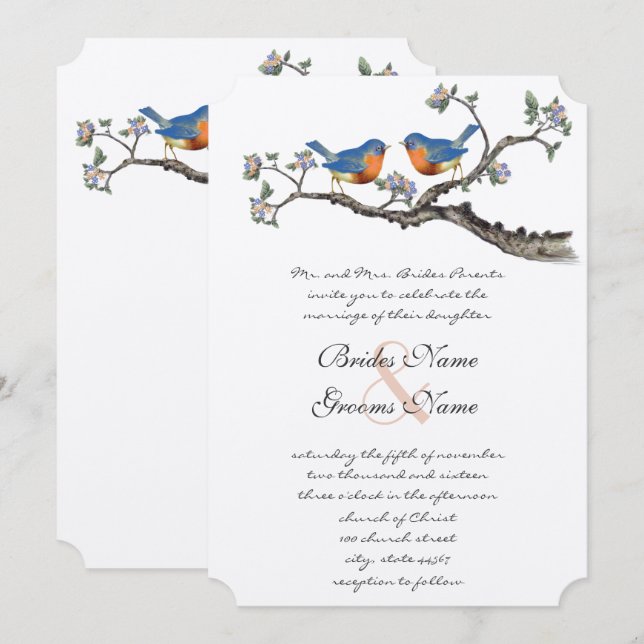 Tarjetas de Invitación de Boda Pájaros Azules Vint (Anverso / Reverso)