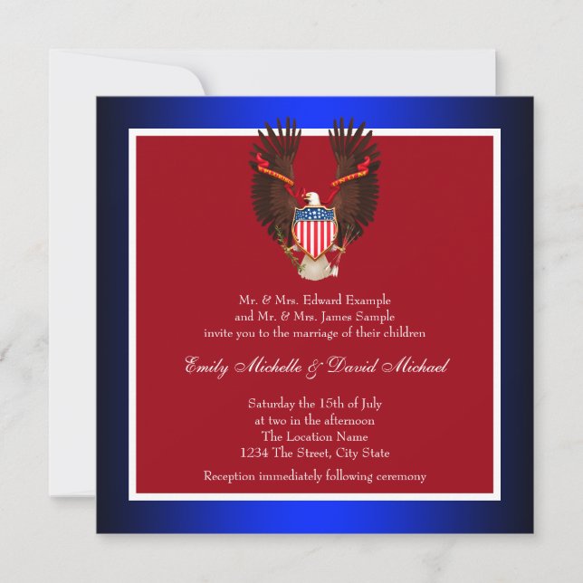 Tarjetas de Invitación de Boda Patrióticas Rojas,  (Anverso)