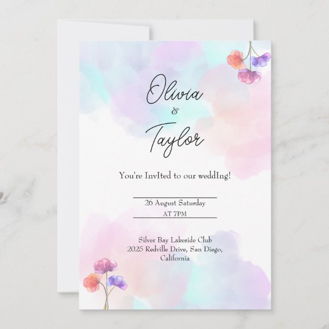 Tarjetas de Invitación de Boda Rosadas y Azules Ca (Anverso)