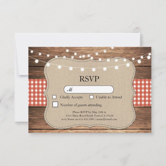 Tarjetas de Invitación de Boda RSVP Rojo Cuadro Ma (Anverso)