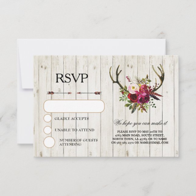 Tarjetas de Invitación de Boda RSVP Rustico Cuerno (Anverso)
