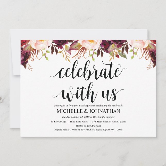 Tarjetas de Invitación de Boda Rústicas Burdeos (Anverso)