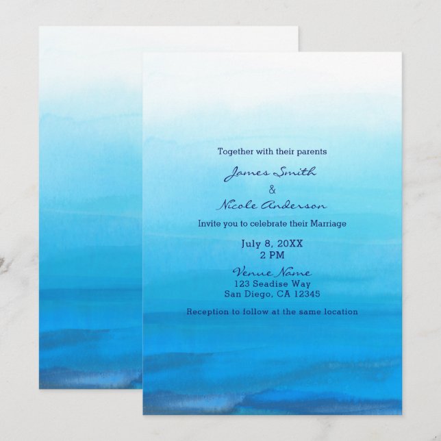 Tarjetas de Invitación de Boda Tropical Playa Acua (Anverso / Reverso)