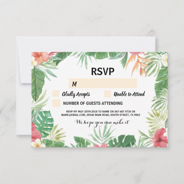 Tarjetas de invitación de boda Tropical RSVP Aloha (Anverso)