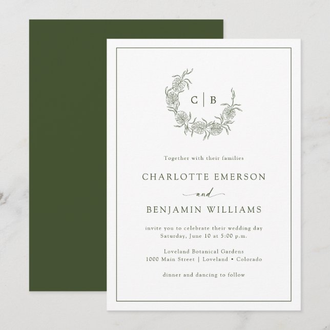Tarjetas de Invitación de Boda Verdes con Monogram (Anverso / Reverso)