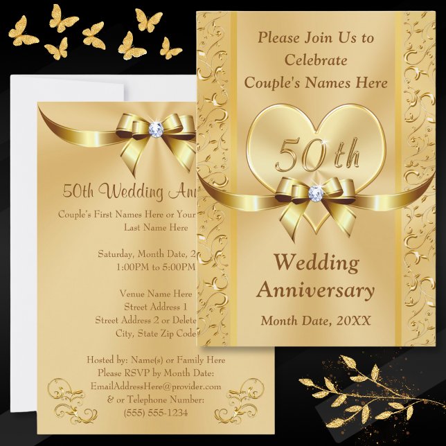 Tarjetas de Invitación de Bodas de 50 Años de Oro (Personalized 50th Wedding Anniversary Invitations. Golden anniversary invitations, with Gold Heart. )