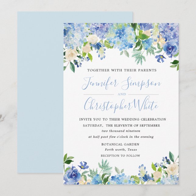 Tarjetas de invitación de casamiento de hidrangea  (Anverso / Reverso)
