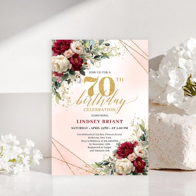 Tarjetas de Invitación de Cumpleaños 70 Simple Ele (Simple Elegant Gold Floral 70th Birthday Invitation)