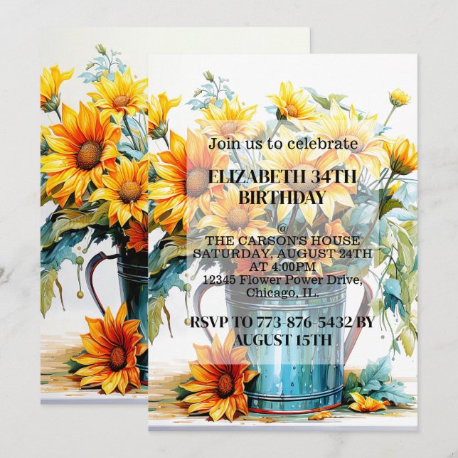 Tarjetas de Invitación de Cumpleaños con Flores en (Anverso / Reverso)
