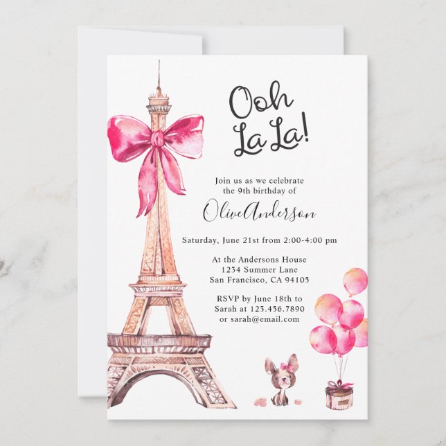 Tarjetas de invitación de cumpleaños con Torre Eif (Anverso)