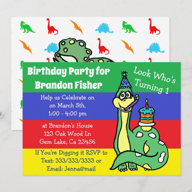 Tarjetas de Invitación de Cumpleaños de Dinosaurio (Anverso / Reverso)