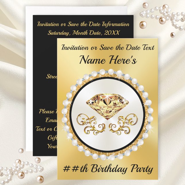 Tarjetas de Invitación de Cumpleaños de Oro y Negr (50 year birthday invitations. Gold and black birthday invitations. Diamonds and pearls invitations.)