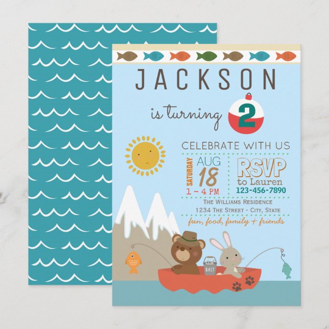 Tarjetas de Invitación de Cumpleaños de Pesca Ador (Anverso / Reverso)
