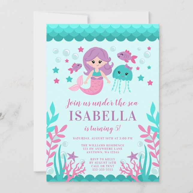 Tarjetas de Invitación de Cumpleaños de Sirena Ado (Anverso)