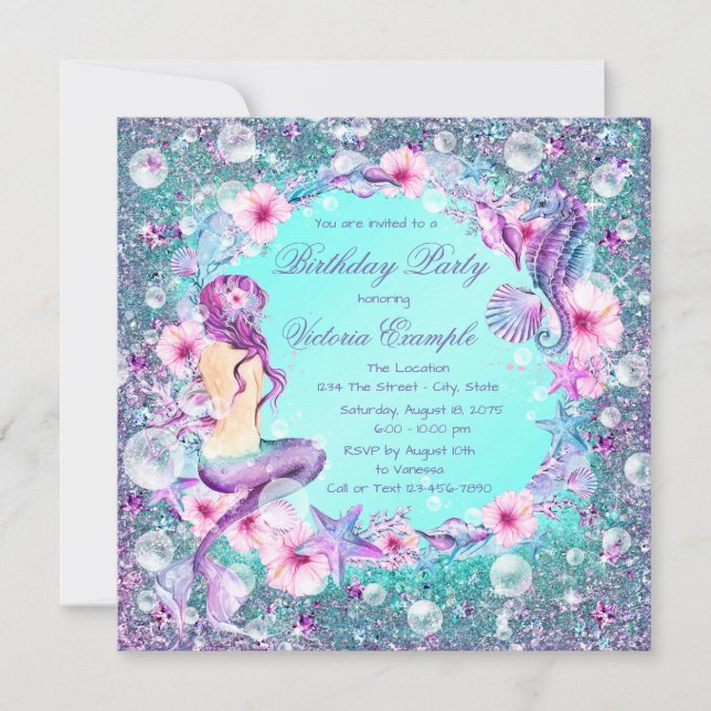 Tarjetas de Invitación de Cumpleaños de Sirena Baj (Anverso)