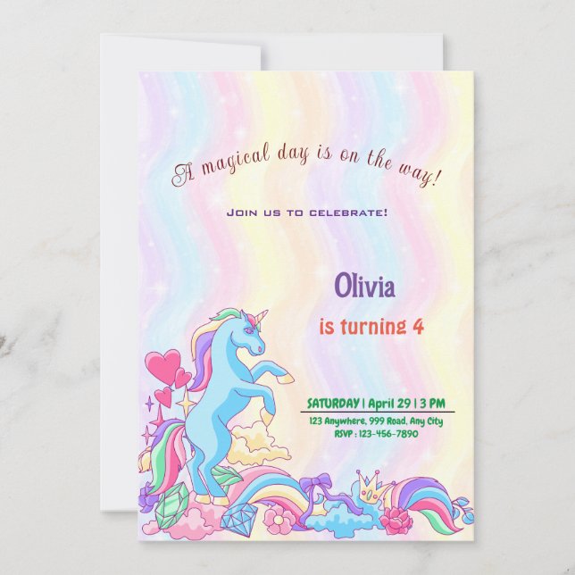 Tarjetas de invitación de cumpleaños de Unicornio  (Anverso)