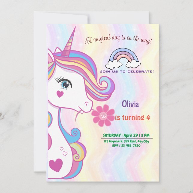 Tarjetas de invitación de cumpleaños de Unicornio  (Anverso)