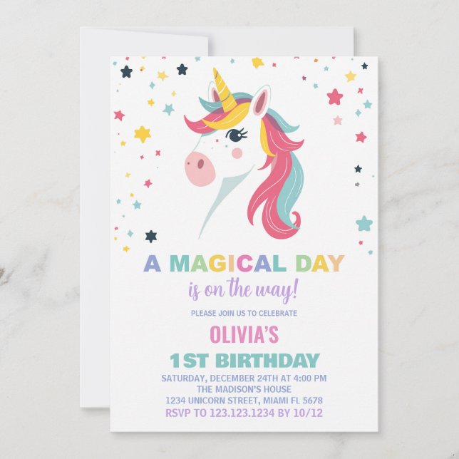 Tarjetas de Invitación de Cumpleaños de Unicornio  (Anverso)