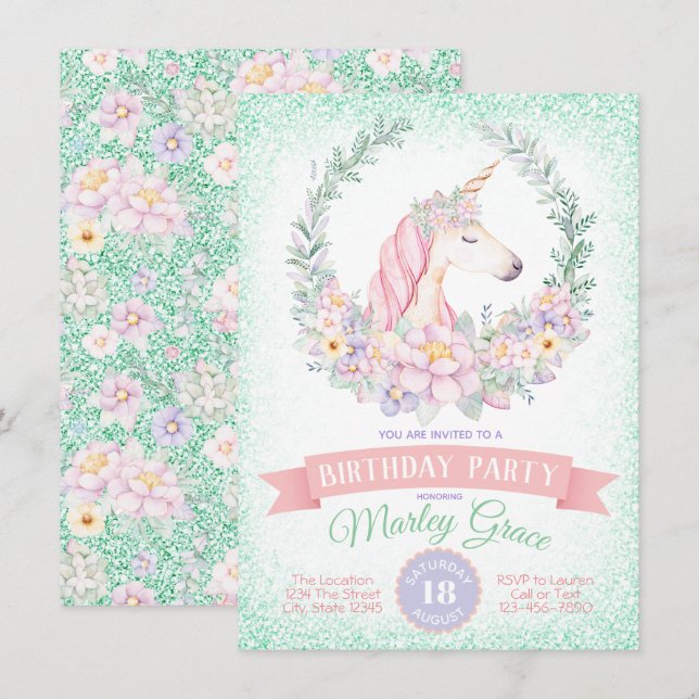 Tarjetas de Invitación de Cumpleaños de Unicornio  (Anverso / Reverso)