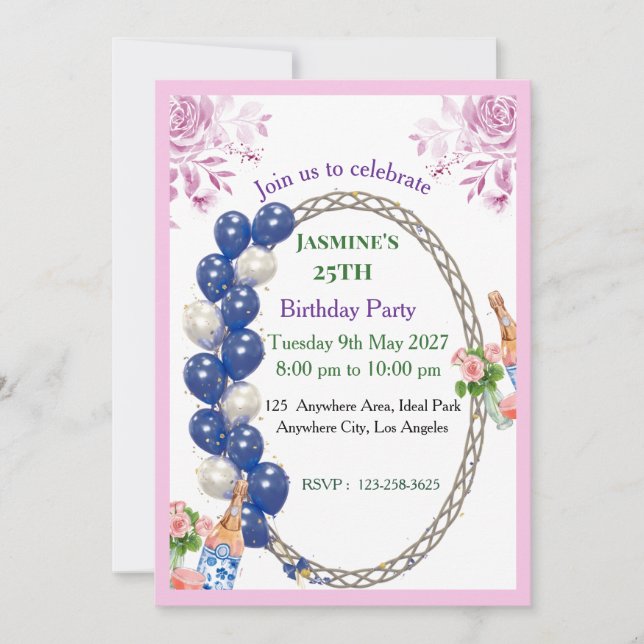 Tarjetas de Invitación de Cumpleaños Florales Eleg (Anverso)