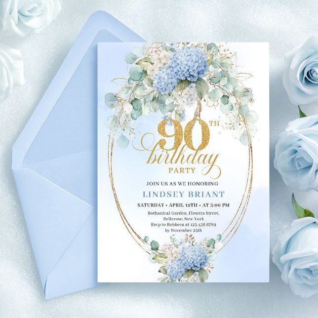 Tarjetas de invitación de cumpleaños número 90 ele (Elegant Blue Hydrangeas Gold 90th Birthday Invitation)
