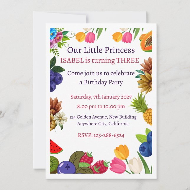 Tarjetas de Invitación de Cumpleaños Princesa Flor (Anverso)