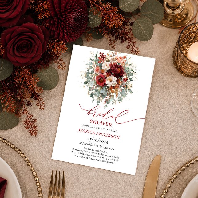 Tarjetas de Invitación de Despedida de Soltera Boh (Elegant Burgundy Gold Floral autumn bridal shower invitation

)