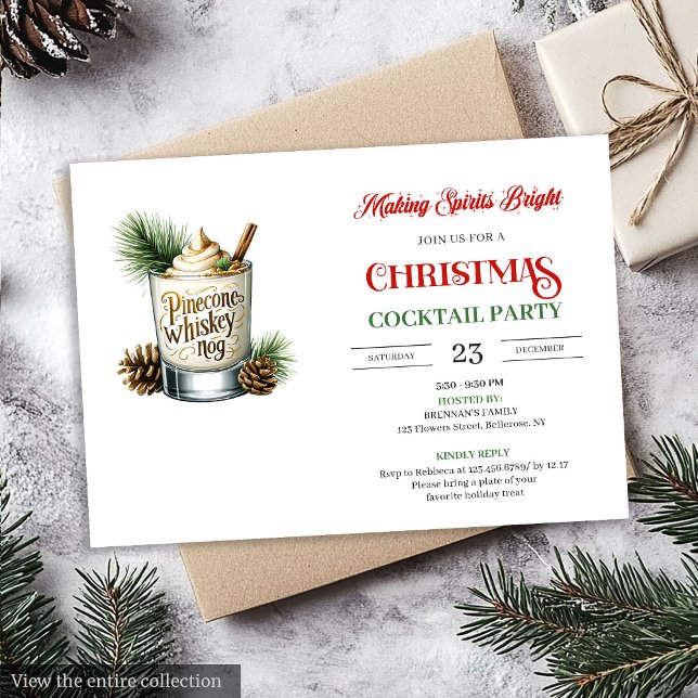 Tarjetas de Invitación de Fiestas de Cócteles Eleg (Elegant Red Green Holiday Cocktails Party Invitation)