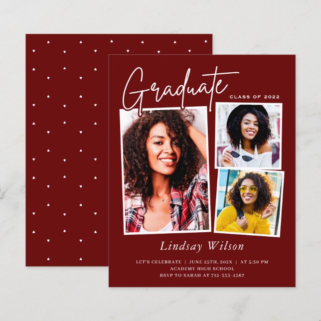 Tarjetas de Invitación de Graduación Maroon Red Gi (Anverso / Reverso)