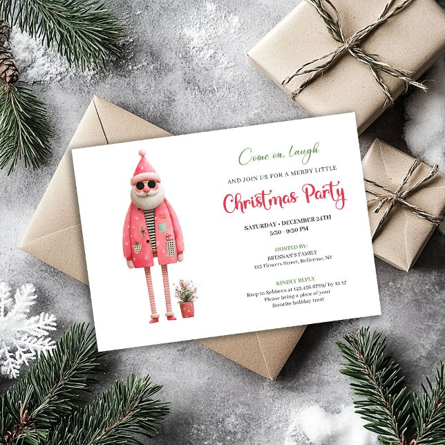 Tarjetas de Invitación de Navidad Imprimibles de S (Festive Quirky Santa Printable Christmas Invitation)