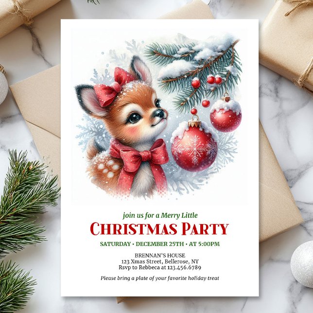 Tarjetas de invitación de Navidad para niños con c (Cute baby deer watercolor Christmas kids invitation template)
